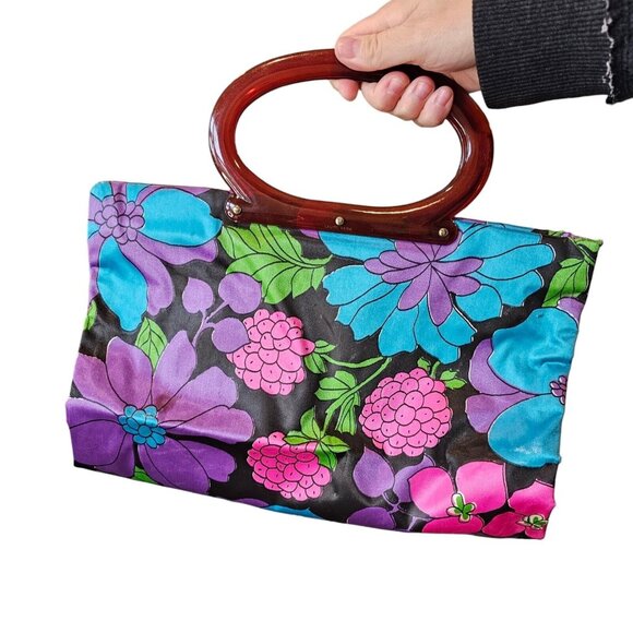 Vintage 60s Satin Foldable Tote Lucite Handle Retro Floral Purse Converts Clutch - Picture 4 of 15